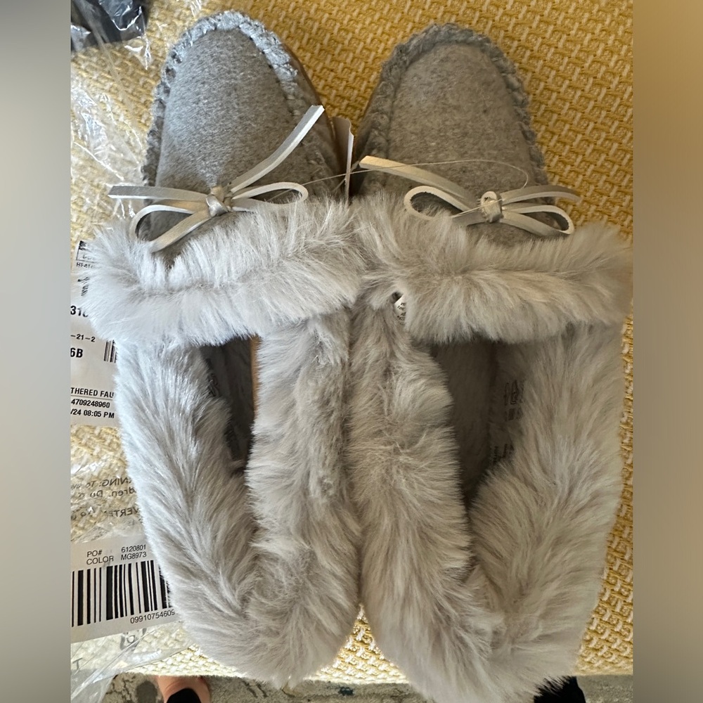 Never worn. Tag on comfy slippers. Grey